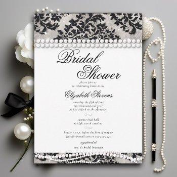 black and white lace pearls damask bridal shower invitation