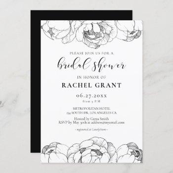 black and white peonies bridal shower invitation