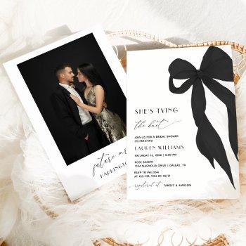 black bow she's tying the knot photo bridal shower invitation