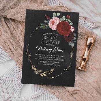 black burgundy red and gold floral bridal shower invitation