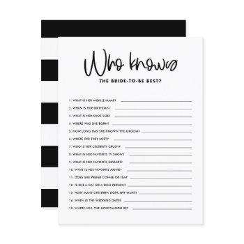 black calligraphy who knows bridal shower game invitation