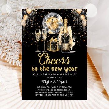 black gold champagne cheers new years eve party invitation