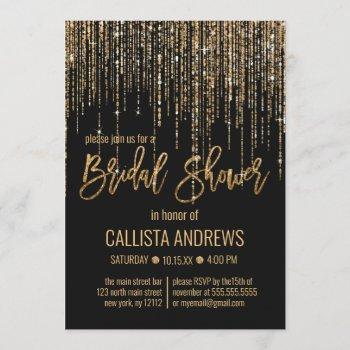 black gold glitter fringe curtain bridal shower invitation