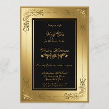 black gold lace border high tea bridal shower invitation