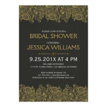 Black & Gold Paisley Lace Bridal Shower Invite Front View