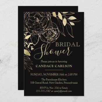 black & gold peony modern floral bridal shower invitation