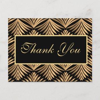 black gold thank you gatsby black art deco wedding postcard