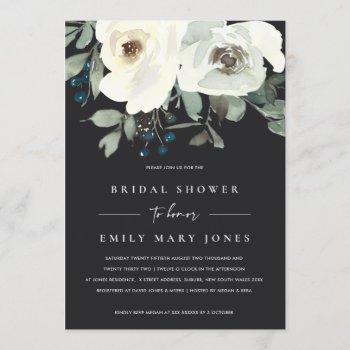 black ivory white floral watercolor  bridal shower invitation