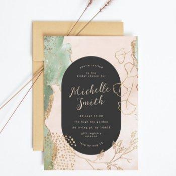 black modern abstract golden eucalyptus greenery invitation