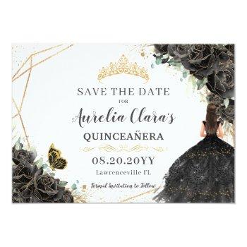 Black Roses Floral Gold Quinceanera Sweet Sixteen  Save The Date Front View