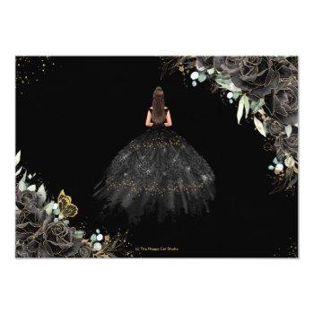 Black Roses Floral Gold Quinceanera Sweet Sixteen  Save The Date Front View