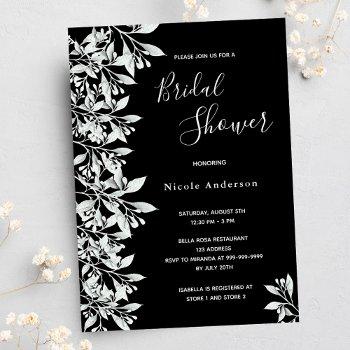 black white botanical foliage script bridal shower invitation