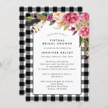 black white check with boho flowers bridal shower invitation