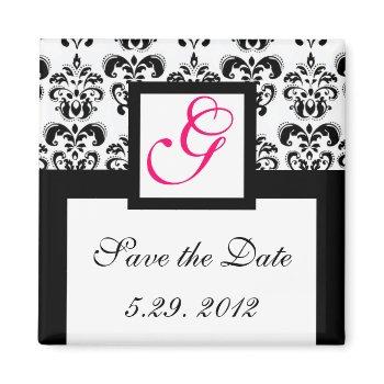 black white damask square monogram save the date magnet
