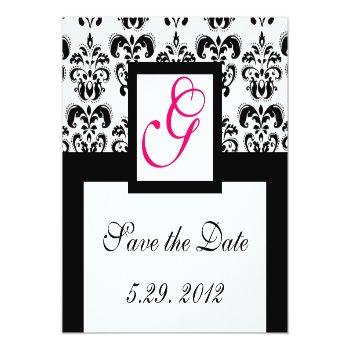 Black White Damask Square Monogram Save The Date Magnet Front View
