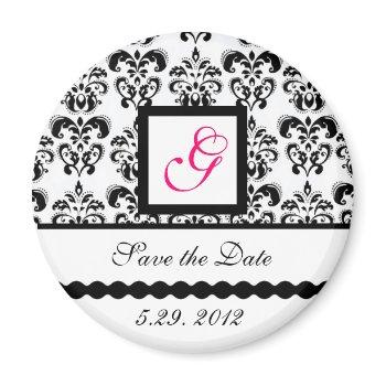 black white damask square monogram save the date magnet