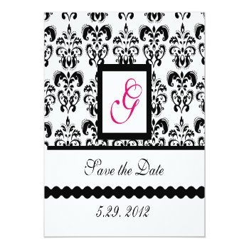 Black White Damask Square Monogram Save The Date Magnet Front View