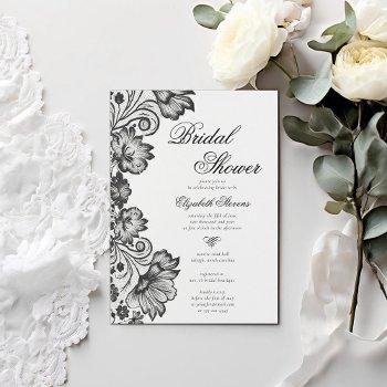 black white floral lace formal chic bridal shower invitation