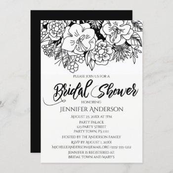 black white floral lily bouquet bridal shower invitation