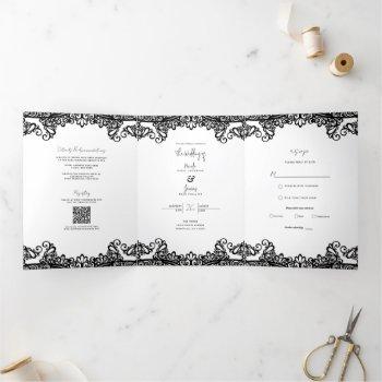 black & white lace elegant wedding      tri-fold invitation