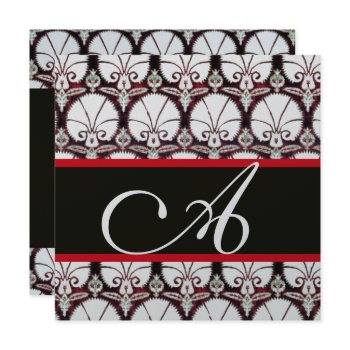 black white red damask carnations monogram silver invitation