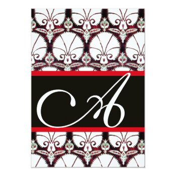 Black White Red Damask Carnations Monogram Silver Invitation Front View