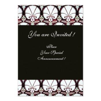 Black White Red Damask Carnations Monogram Silver Invitation Front View