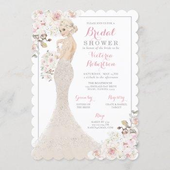 blonde glam bride in gown bridal shower invitation
