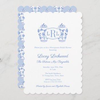 blue and white chinoiserie monogram bridal shower invitation