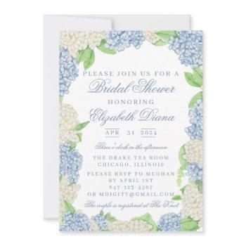 blue and white hydrangea bridal shower invitation