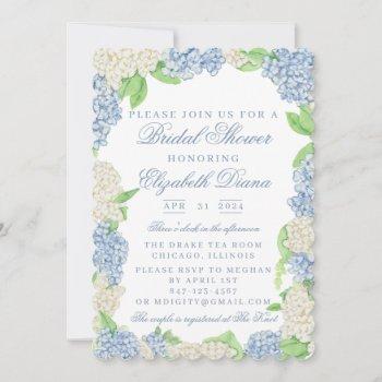 blue and white hydrangea bridal shower invitation