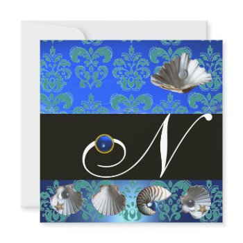 blue aquamarine damask beach wedding monogram invitation