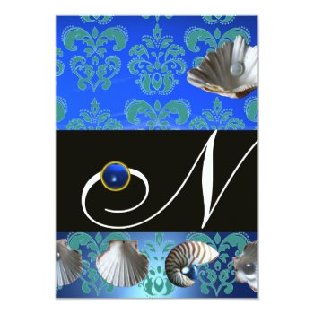 Blue Aquamarine Damask Beach Wedding Monogram Invitation Front View