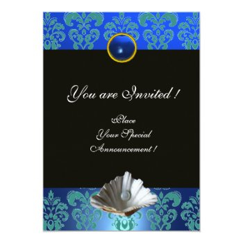 Blue Aquamarine Damask Beach Wedding Monogram Invitation Front View