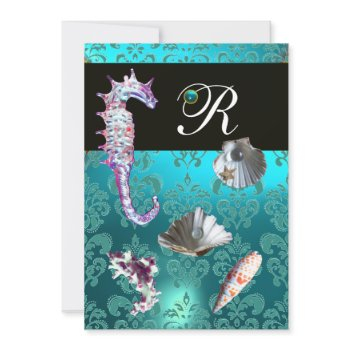 blue aquamarine damask beach wedding monogram invitation