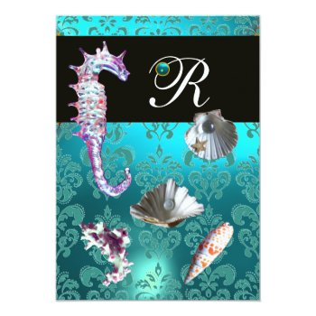 Blue Aquamarine Damask Beach Wedding Monogram Invitation Front View
