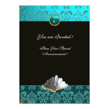 Blue Aquamarine Damask Beach Wedding Monogram Invitation Front View