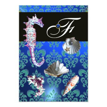 Blue Aquamarine Damask Beach Wedding Monogram Invitation Front View