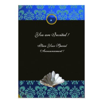 Blue Aquamarine Damask Beach Wedding Monogram Invitation Front View