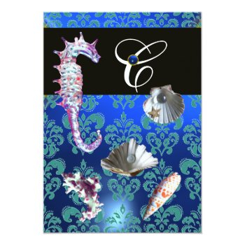 Blue Aquamarine Damask Beach Wedding Monogram Invitation Front View