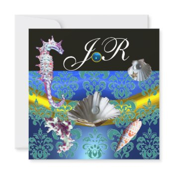 blue aquamarine damask beach wedding monogram invitation