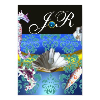 Blue Aquamarine Damask Beach Wedding Monogram Invitation Front View