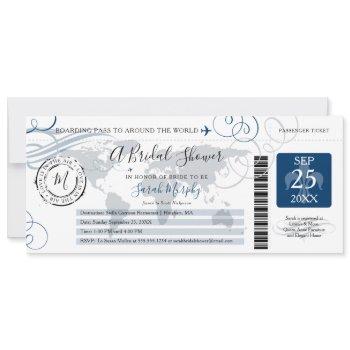 blue around the world bridal shower boarding pass invitation