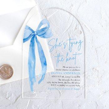 blue bow she's tying the knot bridal shower acrylic invitations
