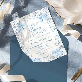 blue bow she's tying the knot bridal shower invitation