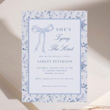 blue bow toile she's tying the knot bridal shower invitation