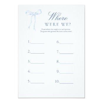 Blue Bow Where Were We Guess Bridal Game Invitation Front View