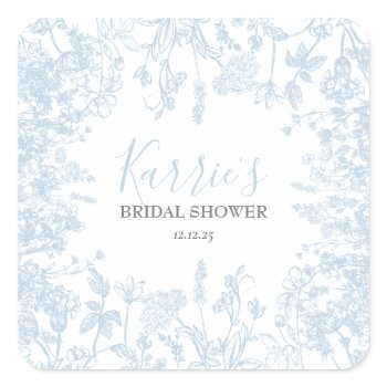 blue chinoiserie floral bridal shower favor tags, square sticker