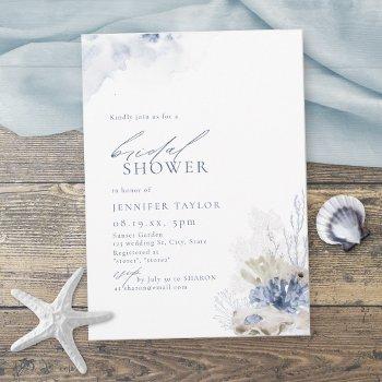 blue coral & seashells beach themed bridal shower invitation