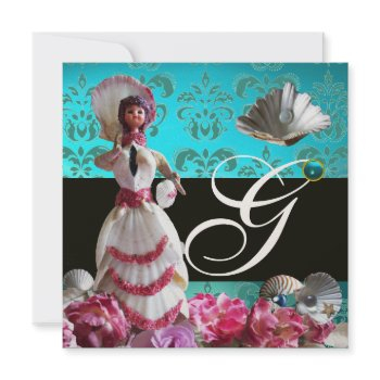 blue damask beach wedding - bridal shower monogram invitation